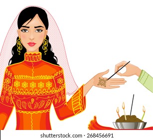Ceremony at henna night, a bride becomes henna pattern on her palms, eps10