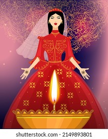 Ceremony at henna night, kina gecesi, a bride with henna on her palms, vector illustration