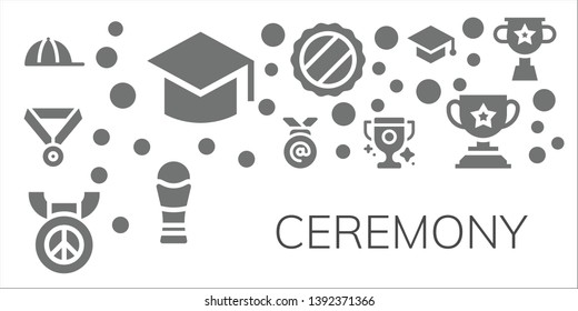 ceremony icon set. 11 filled ceremony icons.  Collection Of - Cap, Graduation, Medal, Trophy, Mortarboard