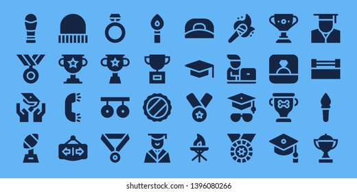 ceremony icon set. 32 filled ceremony icons. on blue background style Simple modern icons about  - Trophy, Medal, Graduation, Cap, Ring, Open, Rings, Torch, Student, Mortarboard
