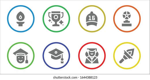 ceremony icon set. 8 filled ceremony icons.  Simple modern icons such as: Torch, Graduated, Trophy, Mortarboard, Cap, Graduation