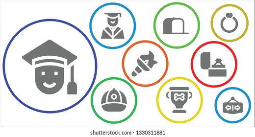 ceremony icon set. 9 filled ceremony icons.  Simple modern icons about  - Graduated, Graduation, Cap, Trophy, Torch, Ring, Open
