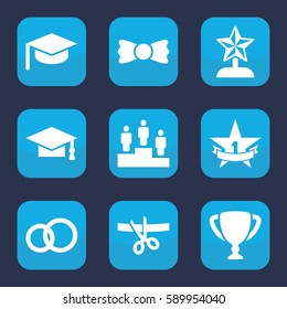 ceremony icon. Set of 9 ceremony filled icons such as graduation cap, bow tie, ranking, 1st place star, trophy, star trophy, scissors and ribbon, graduation hat