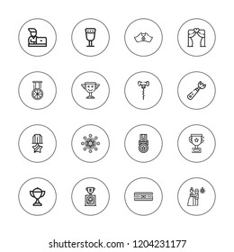 Ceremony icon set. collection of 16 outline ceremony icons with cap, goblet, garter, medal, newlyweds, opener, ritual, student, trophy.