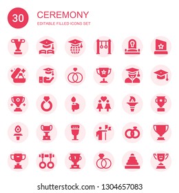 ceremony icon set. Collection of 30 filled ceremony icons included Trophy, Graduation, Rings, Cemetery, Wedding ring, Student, Ring, Torch, Same sex marriage, Goblet, Conquer
