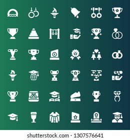 ceremony icon set. Collection of 36 filled ceremony icons included Student, Cemetery, Trophy, Gown, Goblet, Graduation hat, Ring, Graduation, Torch, Wedding rings, Same sex marriage