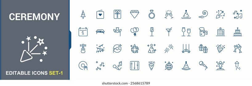 Ceremony icon set. It contains symbols to new, holiday, surprise, event, birthday and more. Isolated minimal icons design. Vector illustration in modern line style.