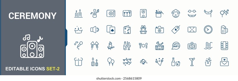 Ceremony icon set. It contains symbols to new, holiday, surprise, event, birthday and more. Isolated minimal icons design. Vector illustration in modern line style.