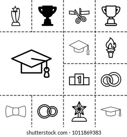 Ceremony icons. set of 13 editable outline ceremony icons such as trophy, graduation cap, engagement ring, rings, torch, ranking, star trophy, scissors and ribbon, bow tie