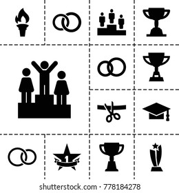 Ceremony icons. set of 13 editable filled ceremony icons such as graduation cap, trophy, engagement ring, rings, ranking, 1st place star, torch