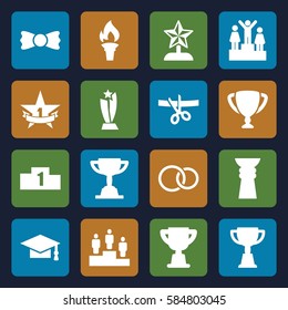ceremony icons set. Set of 16 ceremony filled icons such as graduation cap, bow tie, trophy, rings, ranking, 1st place star, torch, star trophy