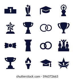 ceremony icons set. Set of 16 ceremony filled icons such as graduation cap, bow tie, trophy, rings, 1st place star, torch, ranking, star trophy, graduation hat