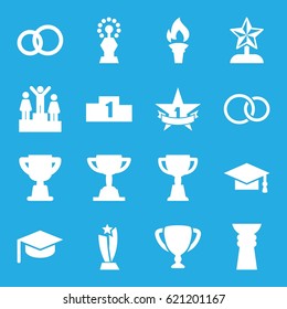 Ceremony icons set. set of 16 ceremony filled icons such as graduation cap, trophy, rings, 1st place star, torch, ranking, star trophy, graduation hat