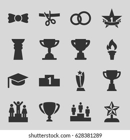 Ceremony icons set. set of 16 ceremony filled icons such as bow tie, trophy, ranking, 1st place star, torch, star trophy, scissors and ribbon, graduation hat