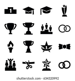 Ceremony icons set. set of 16 ceremony filled icons such as graduation cap, bow tie, trophy, rings, ranking, 1st place star, torch, star trophy, scissors and ribbon