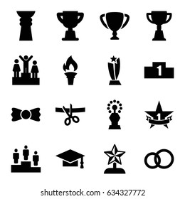 Ceremony icons set. set of 16 ceremony filled icons such as graduation cap, bow tie, trophy, ranking, 1st place star, torch, star trophy, scissors and ribbon