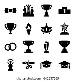 Ceremony icons set. set of 16 ceremony filled icons such as graduation cap, bow tie, trophy, 1st place star, torch, ranking, star trophy, scissors and ribbon, graduation hat