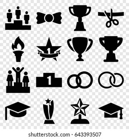 Ceremony icons set. set of 16 ceremony filled icons such as graduation cap, bow tie, trophy, rings, ranking, 1st place star, torch, star trophy, scissors and ribbon