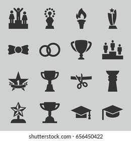 Ceremony icons set. set of 16 ceremony filled icons such as graduation cap, bow tie, trophy, ranking, 1st place star, torch, star trophy, scissors and ribbon, graduation hat