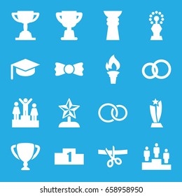 Ceremony icons set. set of 16 ceremony filled icons such as bow tie, rings, ranking, torch, trophy, star trophy, scissors and ribbon, graduation hat
