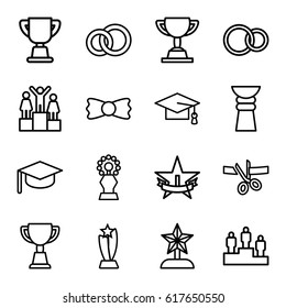 Ceremony icons set. set of 16 ceremony outline icons such as graduation cap, bow tie, trophy, rings, ranking, 1st place star, star trophy, scissors and ribbon, graduation hat
