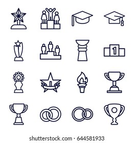 Ceremony icons set. set of 16 ceremony outline icons such as graduation cap, trophy, rings, ranking, 1st place star, torch, star trophy, graduation hat