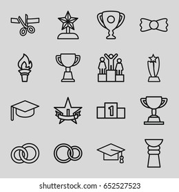 Ceremony icons set. set of 16 ceremony outline icons such as graduation cap, bow tie, trophy, rings, 1st place star, torch, ranking, star trophy, scissors and ribbon