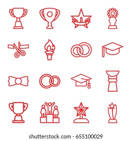 Ceremony icons set. set of 16 ceremony outline icons such as graduation cap, bow tie, trophy, rings, 1st place star, torch, ranking, star trophy, scissors and ribbon