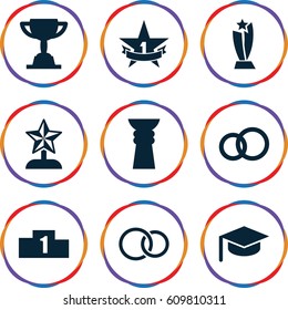 Ceremony icons set. set of 9 ceremony filled icons such as rings, 1st place star, ranking, trophy, star trophy, graduation hat