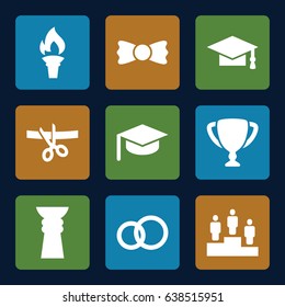 Ceremony icons set. set of 9 ceremony filled icons such as graduation cap, bow tie, ranking, torch, trophy, scissors and ribbon, graduation hat