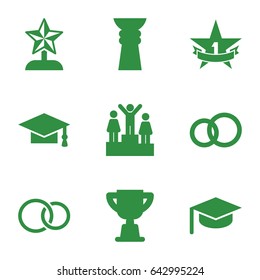 Ceremony icons set. set of 9 ceremony filled icons such as graduation cap, rings, 1st place star, trophy, ranking, star trophy, graduation hat