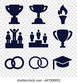 Ceremony icons set. set of 9 ceremony filled icons such as rings, ranking, torch, trophy, graduation hat