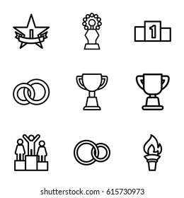 Ceremony Icons Set. Set Of 9 Ceremony Outline Icons Such As Trophy, Rings, 1st Place Star, Torch, Ranking