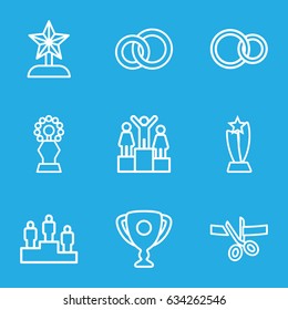 Ceremony icons set. set of 9 ceremony outline icons such as rings, ranking, trophy, star trophy, scissors and ribbon