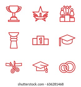 Ceremony icons set. set of 9 ceremony outline icons such as graduation cap, 1st place star, ranking, trophy, scissors and ribbon, graduation hat