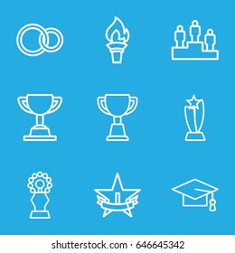 Ceremony icons set. set of 9 ceremony outline icons such as graduation cap, trophy, rings, ranking, 1st place star