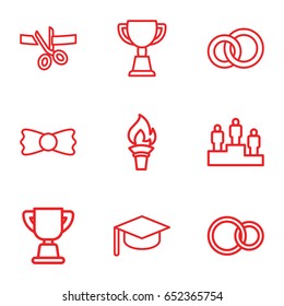 Ceremony icons set. set of 9 ceremony outline icons such as bow tie, trophy, rings, ranking, torch, scissors and ribbon, graduation hat