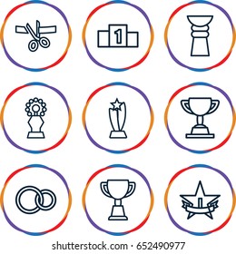 Ceremony icons set. set of 9 ceremony outline icons such as trophy, rings, 1st place star, ranking