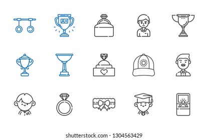 ceremony icons set. Collection of ceremony with engagement ring, graduate, garter, student, groom, cap, trophy, rings. Editable and scalable ceremony icons.