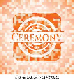 Ceremony orange tile background illustration. Square geometric mosaic seamless pattern with emblem inside.