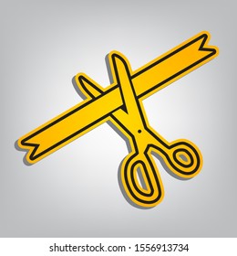 Ceremony ribbon cut sign. Flat orange icon with overlapping linear black icon with gray shadow at whitish background. Illustration.