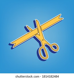 Ceremony ribbon cut sign. Golden Icon with White Contour at light blue Background. Illustration.