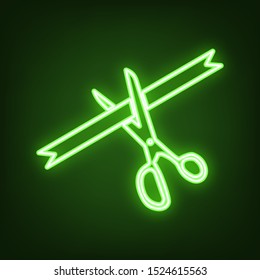 Ceremony ribbon cut sign. Green neon icon in the dark. Blurred lightening. Illustration.