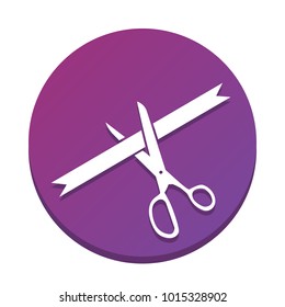 Ceremony ribbon cut sign. Vector. White icon with flat shadow on purpureus circle at white background. Isolated.