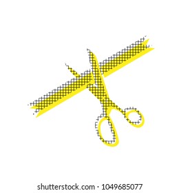 Ceremony ribbon cut sign. Vector. Yellow icon with square pattern duplicate at white background. Isolated.