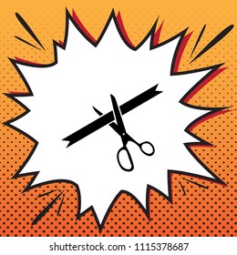 Ceremony ribbon cut sign. Vector. Comics style icon on pop-art background.