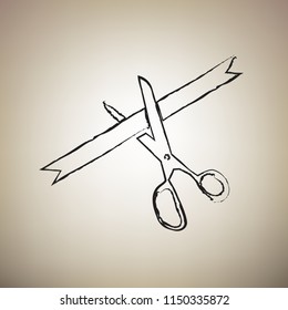 Ceremony ribbon cut sign. Vector. Brush drawed black icon at light brown background.