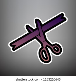 Ceremony ribbon cut sign. Vector. Violet gradient icon with black and white linear edges at gray background.