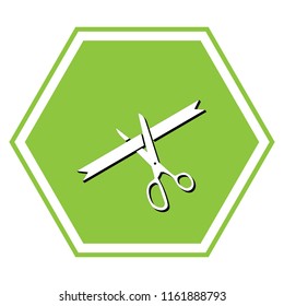 Ceremony ribbon cut sign. Vector. White icon with black shadow at yellow green honeycomb on white background.