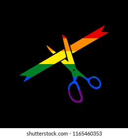 Ceremony ribbon cut sign. Vector. Icon with colors of LGBT flag at black background.
